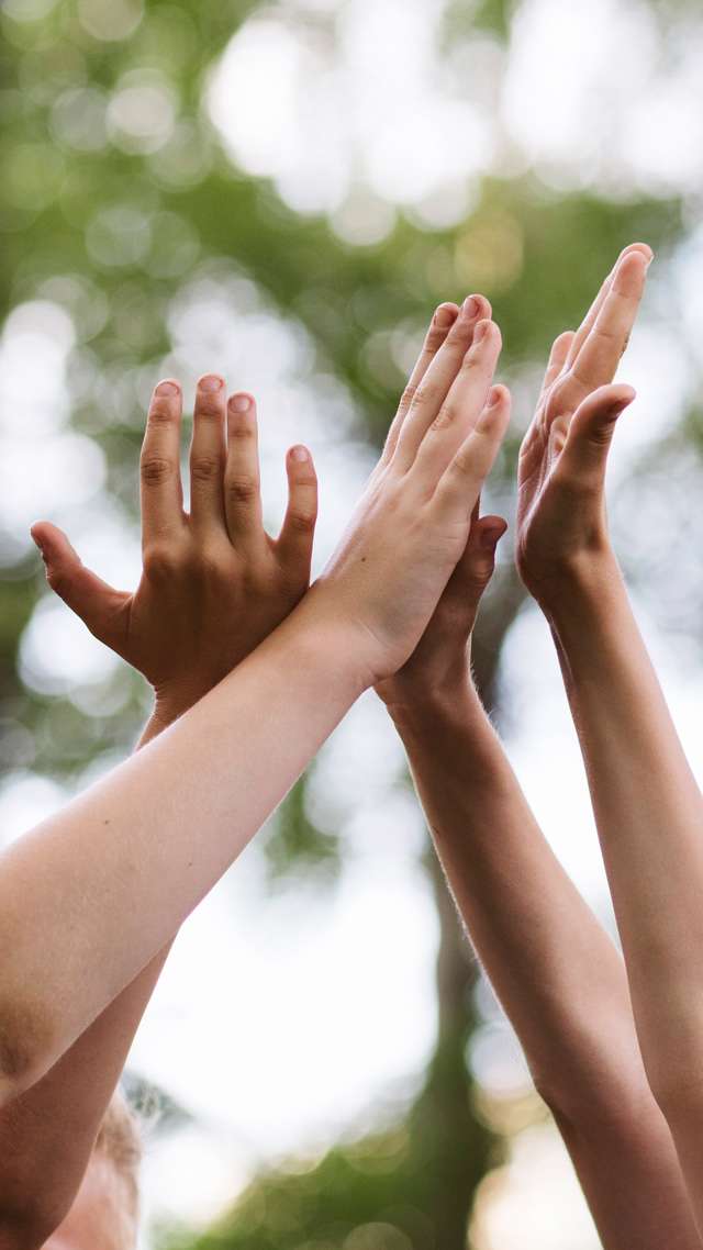 Children clap each other's hands. In the background, trees can be seen out of focus.