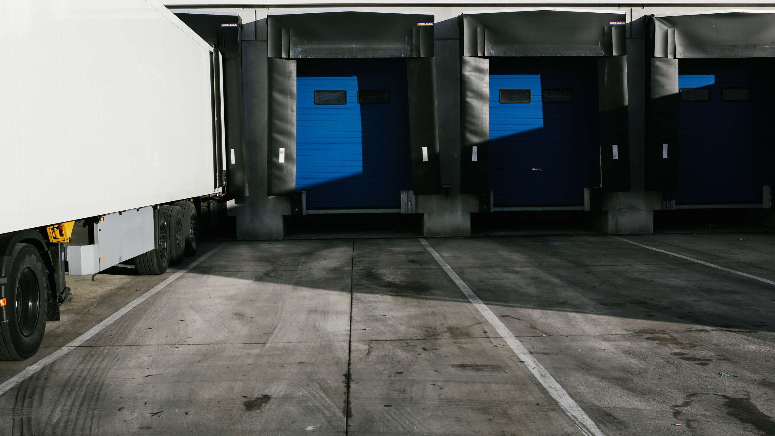 Le rampe di carico con le porte avvolgibili blu sono illuminate dalla luce del sole. A sinistra, un camion è agganciato a una rampa di carico.