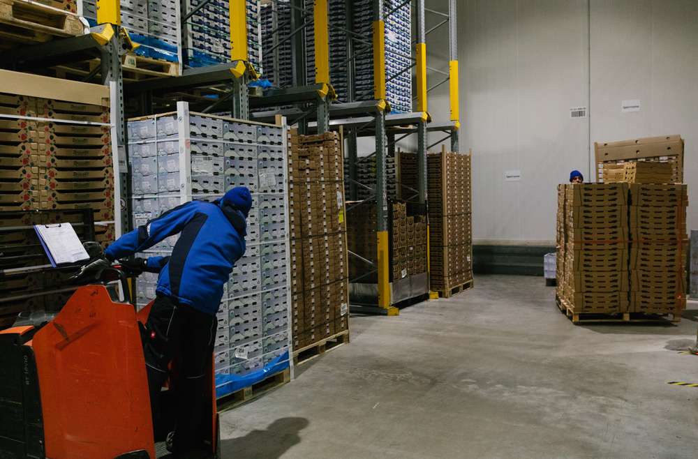 Boxes of cardboard and plastic are stacked in yellow and silver storage racks. A PAPP employee with a blue jacket drives a red pallet truck while leaning to the side.