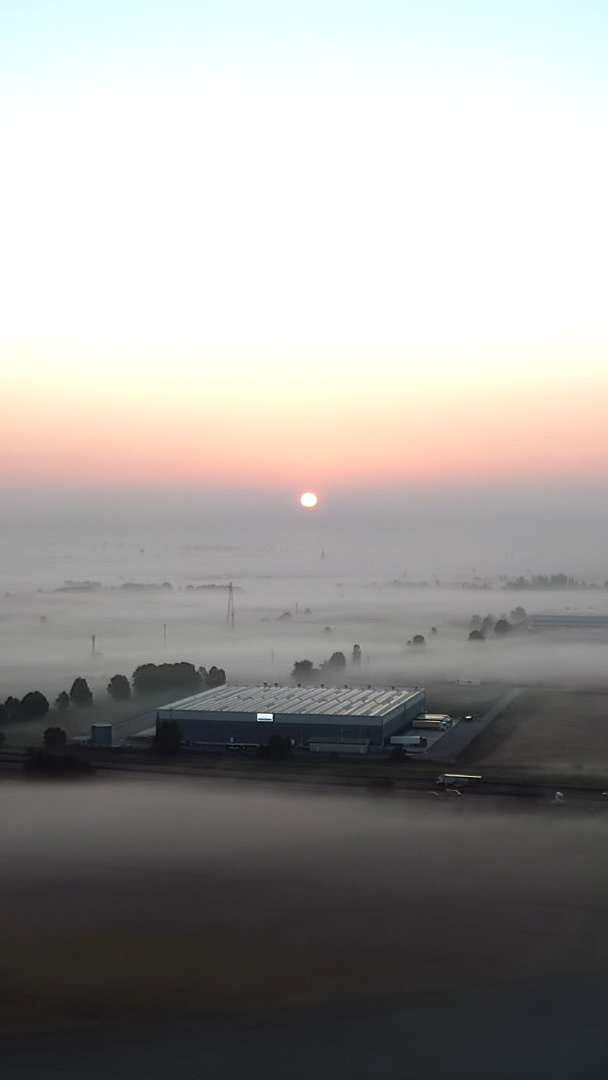 A PAPP warehouse is brightly lit early in the morning on the side of a motorway. Trucks stand at the loading ramps and drive into the misty, green landscape.